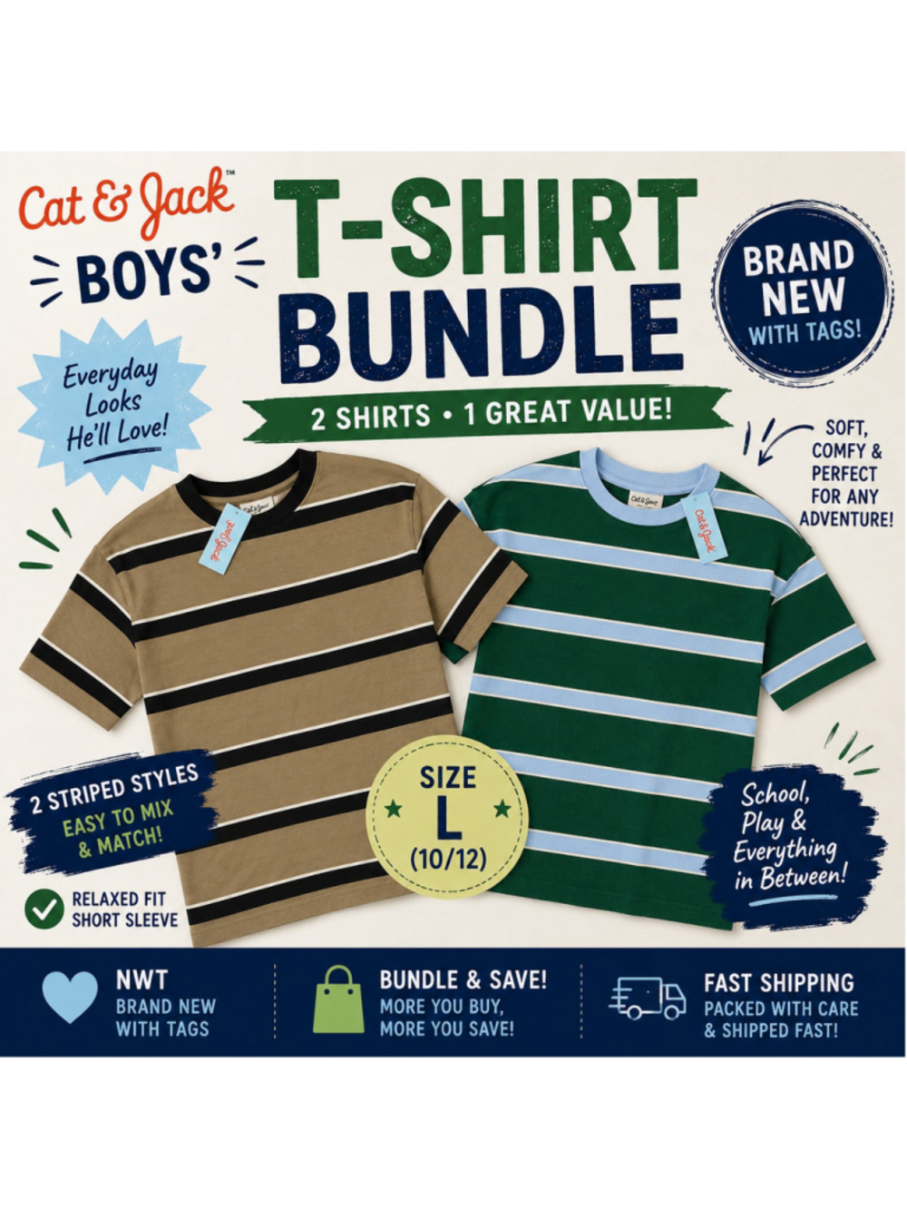 Cat & Jack Boys’ Striped Short Sleeve T-Shirts 2-Pack Bundle Size L 10/12 NWT